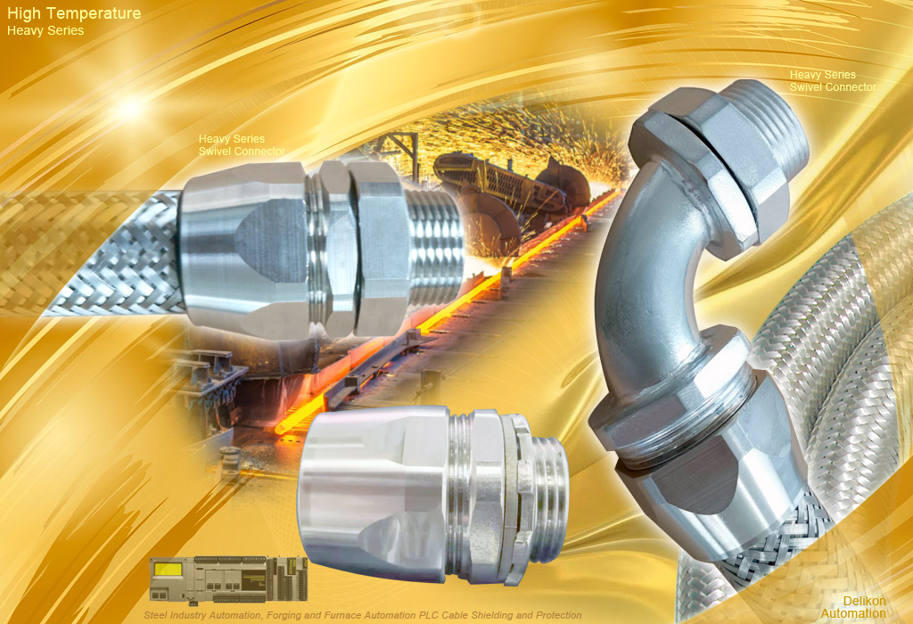 Delikon Electromagnetic Interference Shielding High Temperature Heavy Series Over Braided Flexible Conduit and High Temperature Heavy Series Connector can withstand extreme operating temperatures, exposure to harsh industrial environments or high mechanical stress, ensuring highly reliable mechanical protection as well as hot metal sparks protection and flexible routing of furnace Electrical and automation systems PLC wires and cables even in the most challenging of environments.