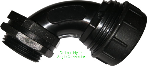 Delikon Nylon Flexible Conduit Connector. Delikon Nylon Angle Connector.Molded Nylon Connector. It has high resistance to wear, heat, and chemicals.