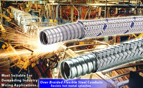 Braided flexible steel conduits for protection of wirings in automobile welding lines.