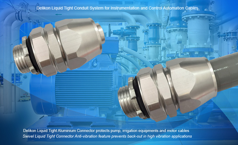 Delikon Aluminium Liquid Tight Connector provides high mechanical strength and high corrosion resistance and therefore improving strength to weight ratio. Delikon Liquid Tight Conduit and Liquid Tight Conduit Aluminium Fittings are designed for pump, irrigation equipments and motor cable protection, protecting process Instrumentation, Control Automation cables.