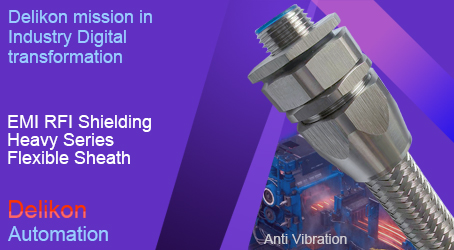 Delikon EMI RFI Shielding Heavy Series Over Braided Flexible Conduit and EMI RFI Shield Termination Heavy Series Connector, Anti Vibration Swivel Heavy Series Connector provide an optimum cable protection and shielding solution for Industrial Automation and IIoT, maintaining signal integrity in the face of numerous factory hazards