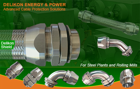 Steel Plants and Rolling Mills Drives and Motors cable protection and shielding Delikon Emi Rfi shielding Heavy Series Over Braided Flexible Conduit and EMI RFI Shield Termination Heavy Series Connector