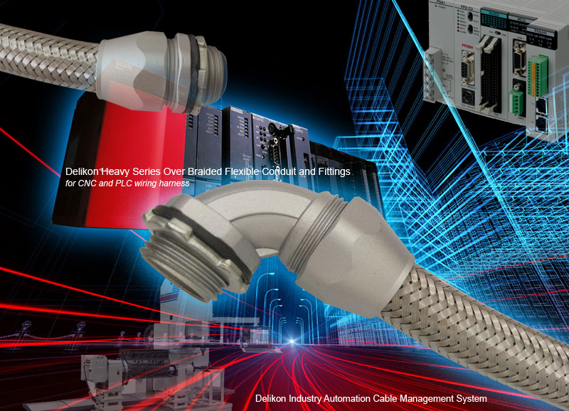 Delikon Heavy Series Over Braided Flexible Conduit and Conduit Fittings for CNC and PLC wiring harness, Industry automation cable management system. Most industrial equipment, for indoor or outdoor use, contains extensive electrical wiring between its components and subsystems. Delikon Heavy Series Over Braided Flexible Conduit and Fittings are designed to protect PLC, CNC Controls cables, Servo and Spindle Motors cables, MPG Cables, Drive Command Cables and cables in industry automation. Delikon Heavy Series Connectors simplify design, assembly and maintenance for CNC machining center and other modular machinery. 