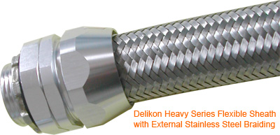 Delikon Heavy Series Flexible Sheath with External Stainless Steel Braiding for protection against sparks and slag, interference shielding Heavy Series Over Braided Flexible Conduit for PLC wiring in Oil and Gas Industry, automotive industry, steel industry and mining industry
