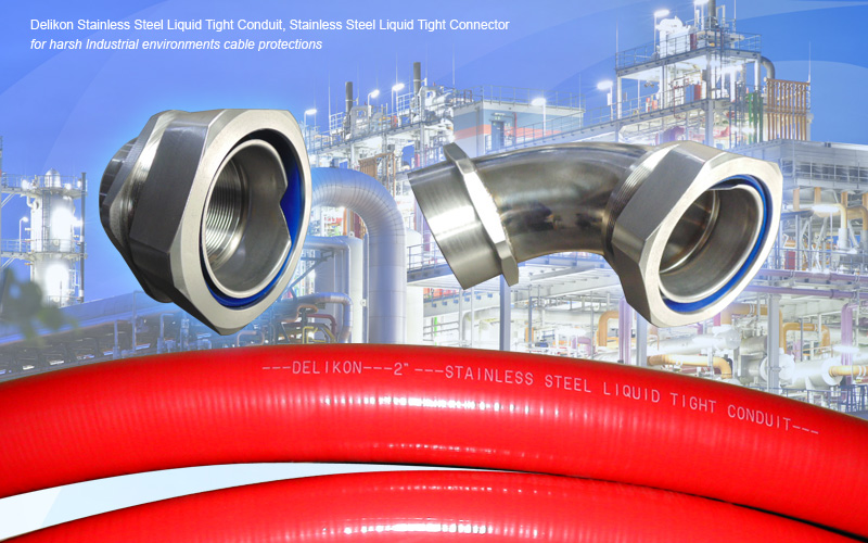 Ruggedly designed, engineered, and constructed, Delikon Stainless Steel Liquid Tight Conduit and Stainless Steel Conduit Fittings provide solutions for harsh-duty manufacturing environments such as oil industry, automotive, food and beverage, material handling and commercial vehicles. With sealed, IP67 rating, Delikon stainless steel liquid tight conduit system is designed to withstand harsh Industrial environments. 