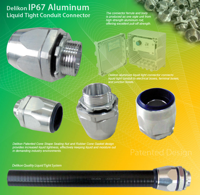 Delikon liquid tight conduit aluminum fittings for use with Metal Liquid Tight Conduit or Non Metallic Liquid Tight Conduit (LFMC & LFNC). Male or Female Threads : G, PF, PG, METRIC, NPT, PT